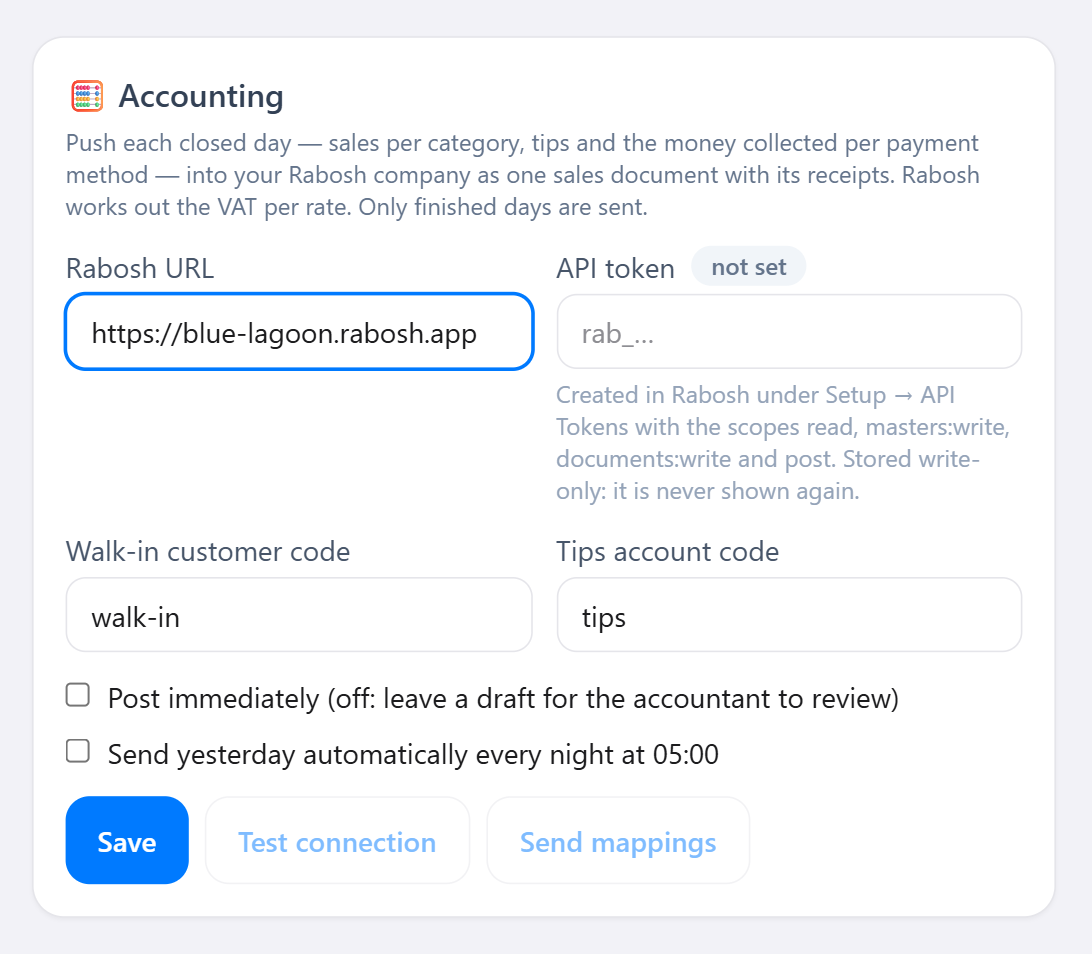 FlashOrder admin settings: the Accounting card with Rabosh URL and API token fields, walk-in customer and tips codes, the post-immediately and nightly toggles, and Test connection and Send mappings buttons