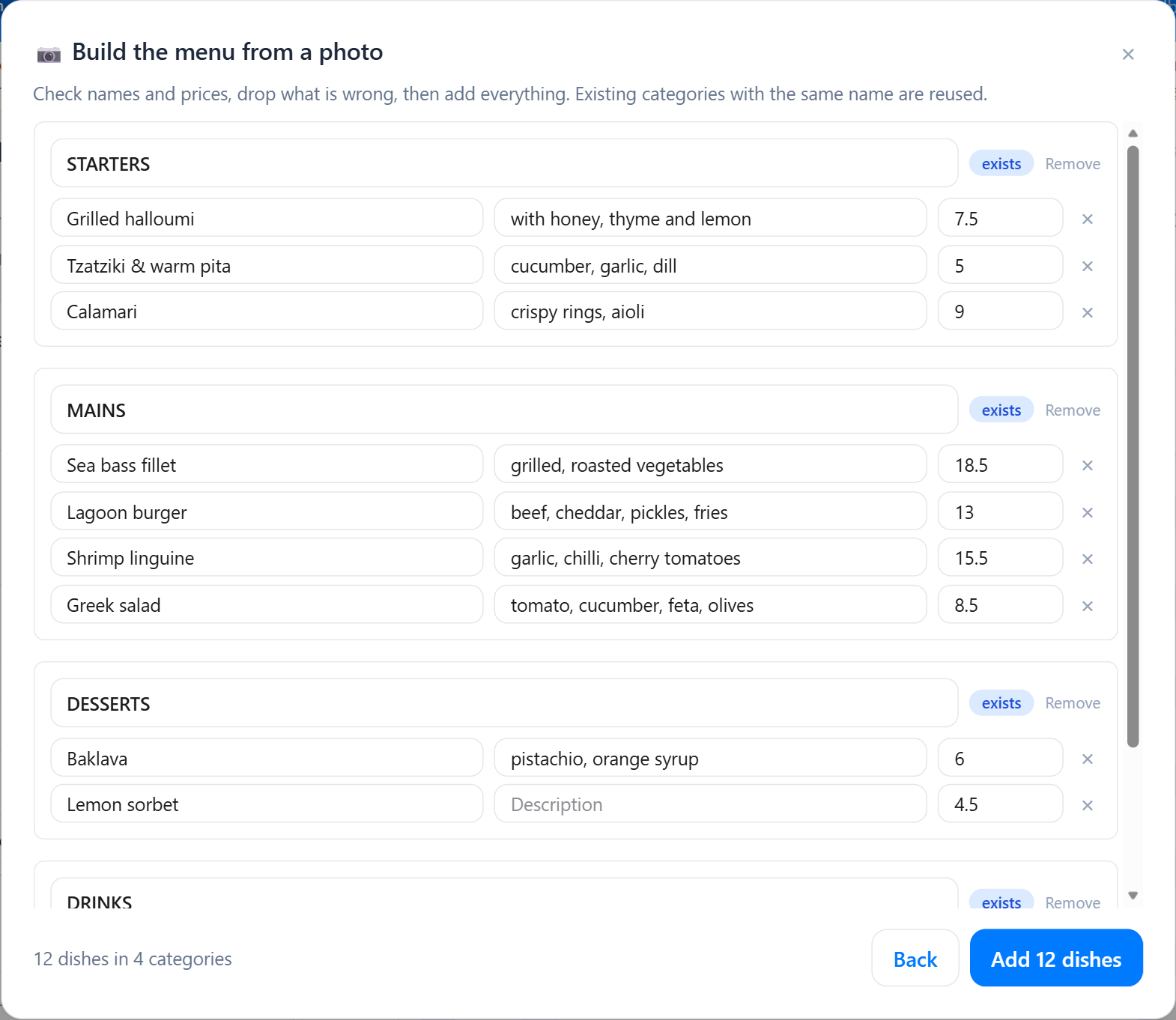 FlashOrder menu builder: the draft read from a photo of a printed menu — Starters, Mains and Desserts with names, descriptions and prices in editable fields, and an Add 12 dishes button