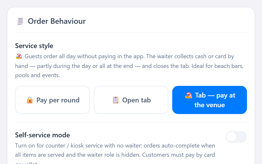 FlashOrder admin settings: the Service style card offering pay per round, open tab paid in the app, and tab paid at the venue