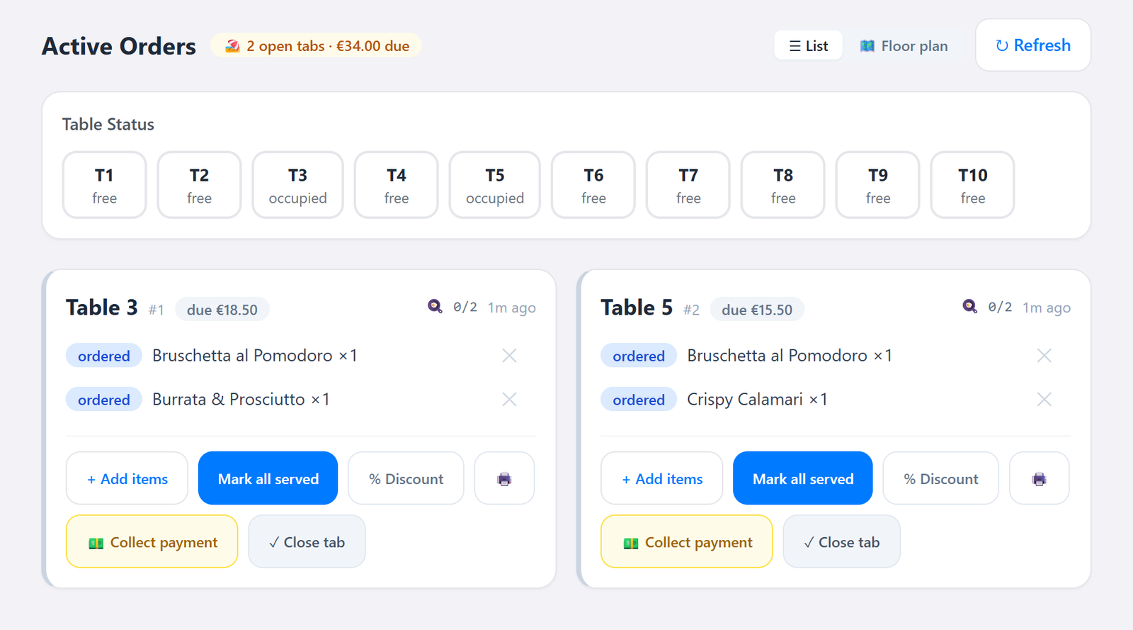 FlashOrder waiter dashboard: an open tab card showing the amount due, with the pay-at-the-venue badge and open-tab total in the header